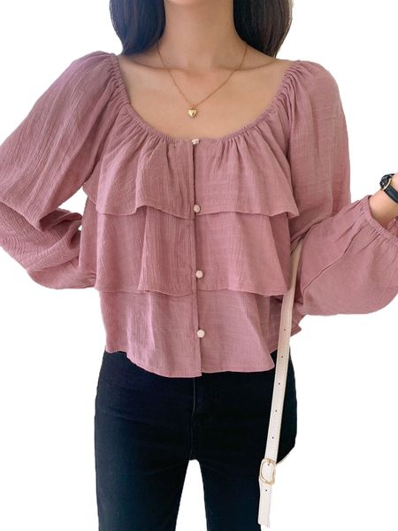 

dazy lantern sleeve layered hem shirt p8e3#, White