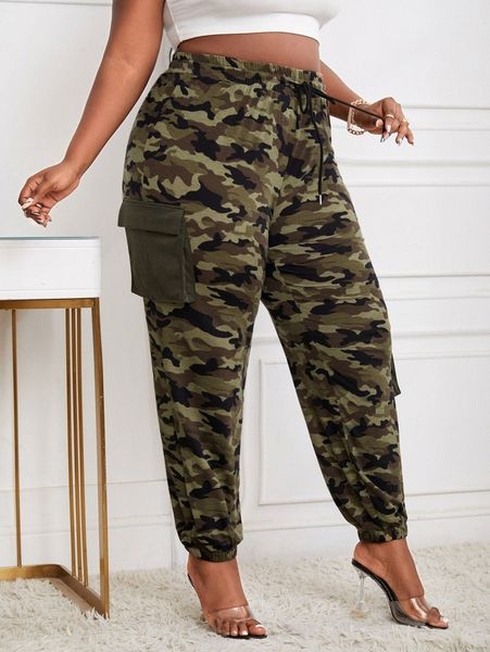 

sxy plus camo print flap pocket drawstring waist sweatpants e7bs#, Black