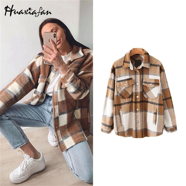

huaxiafan winter coat women vintage stylish pockets oversized plaid jacket lapel collar loose outerwear chic 201223, Black