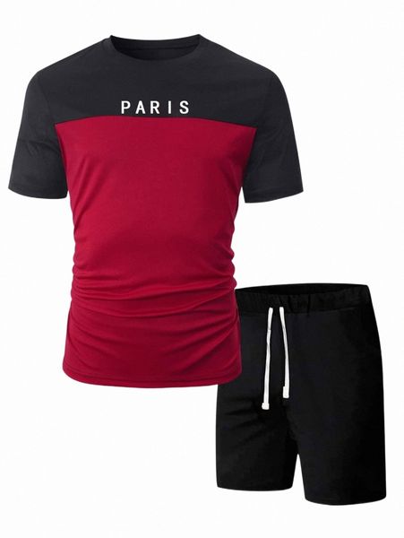 

men color block letter graphic tee & shorts r8cu#, Gray