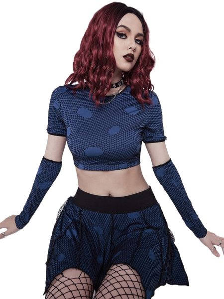 

fishing net overlay crop tee with arm sleeve k26i#, White
