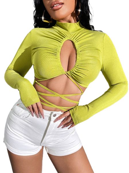 

mock neck crisscross tie back crop tee p6gp#, White