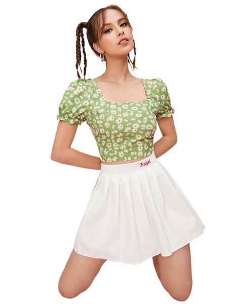 

square neck tie back daisy floral n32i#, White