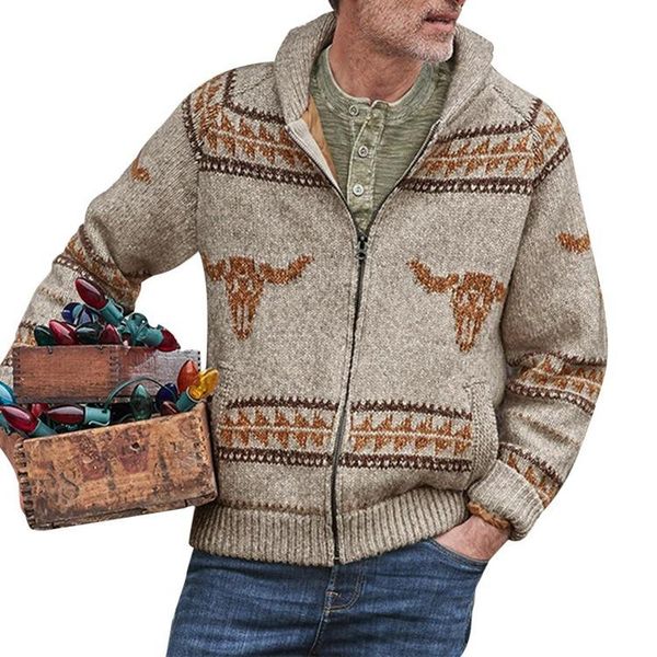 Мужские свитера Прибытие Зимний шерстяной свитер Пальто для мужчин Вязаный Рождественский геометрический кардиган Молния Европейская уличная одеждаМужская одежда