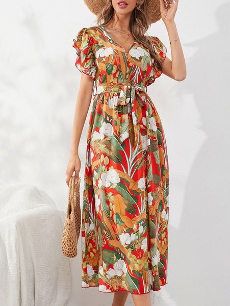 

ruffle cuff allover floral belted dress a53v#, Black;gray