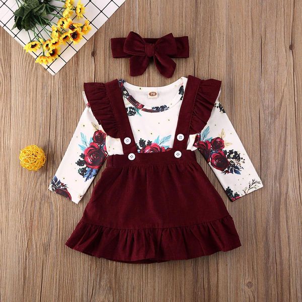 

autumn toddler baby girl 3pcs clothes set floral long sleeve jumpsuit bodysuit tank skirt dress bow headband spring outfit, White