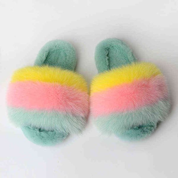 Slippers Luxury Fur Women Slides 100% Real Rabbit Sua casa plana cabeluda e quente sapatos femininos 220708