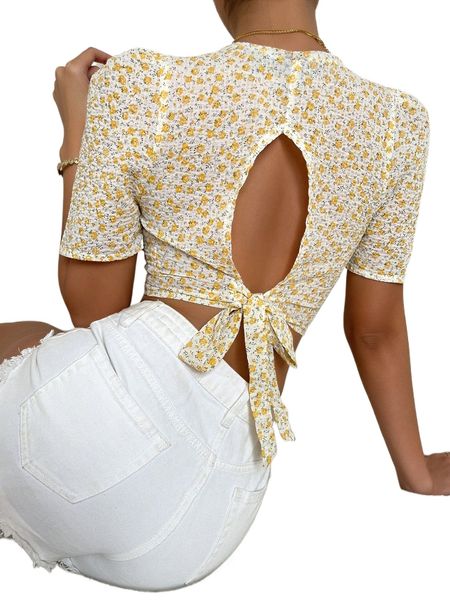 

ditsy floral cut out tie back puff sleeve blouse i6mi#, White