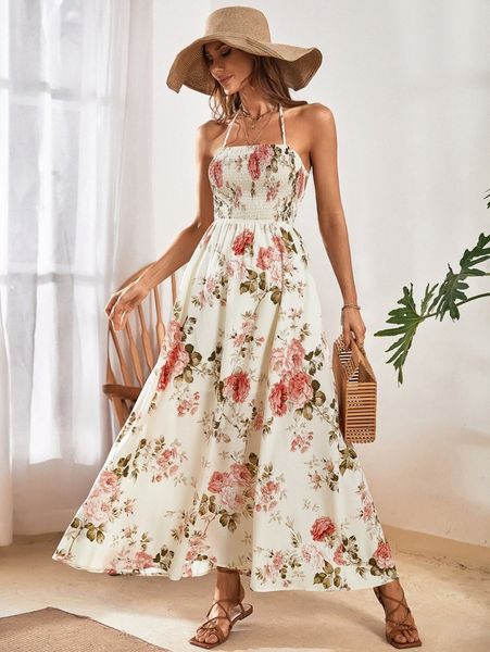 

floral print shirred tie backless halter dress z62x#, Black;gray