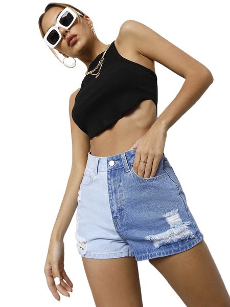 

colorblock ripped denim shorts p0eg#, White;black
