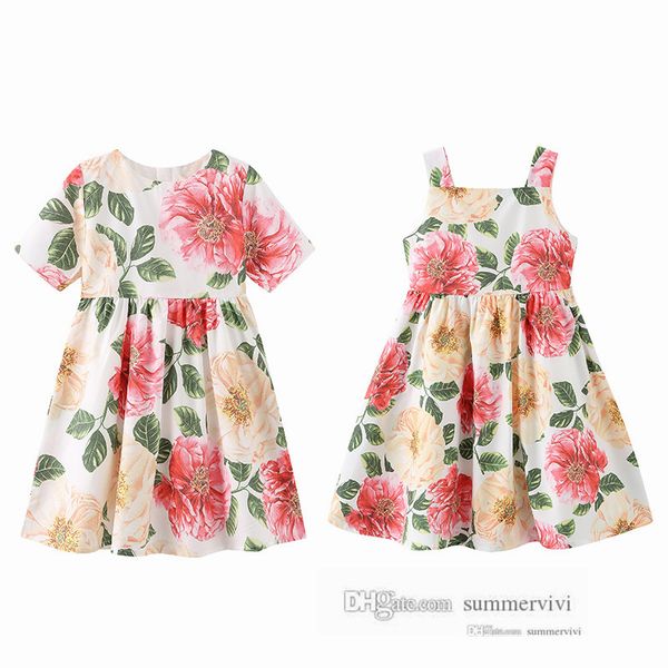 

sweet kids flowers printed suspender dress 2022 summer children beach holiday dresses girls princess clothing q6922, Red;yellow
