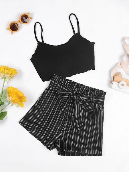 

girls 1pc lettuce trim cami & 1pc striped belted shorts she, White