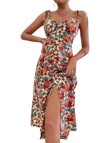 

floral print tie shoulder dress l36t#, Black;gray