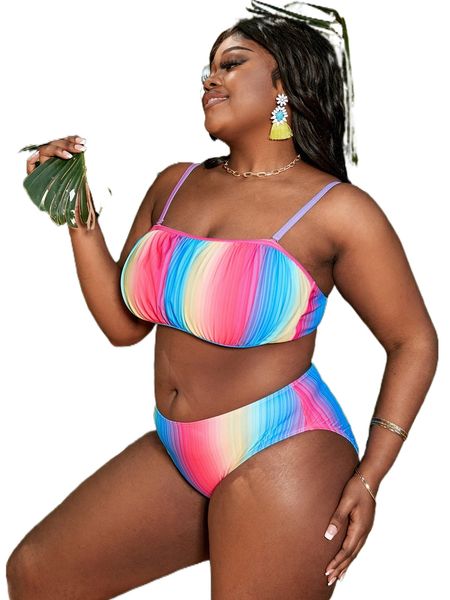 

plus colorful stripe ruched bust bikini swimsuit 41hx#, White;black