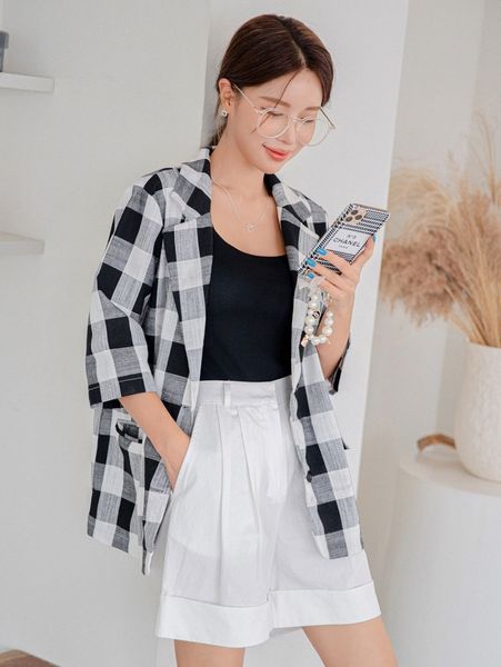 

dazy buffalo plaid lapel neck blazer e3pf#, White