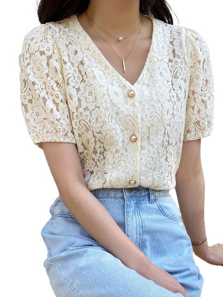 

dazy button front puff sleeve lace tee h0nf#, White