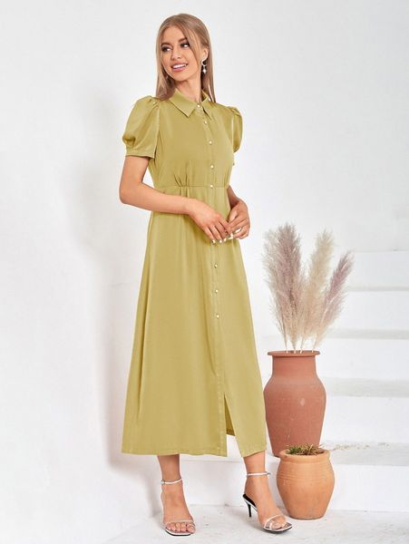 

solid puff sleeve satin shirt dress b3sq#, Black;gray