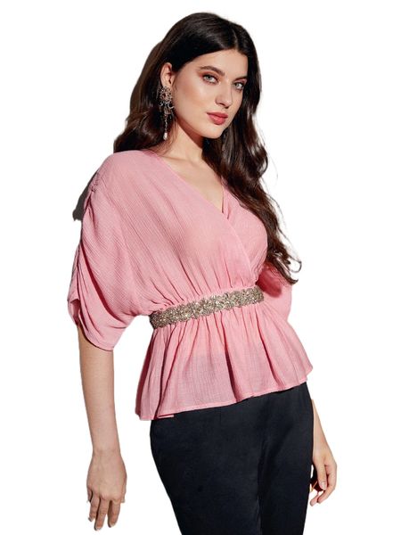 

surplice neck dolman sleeve peplum without belt c2tp#, White