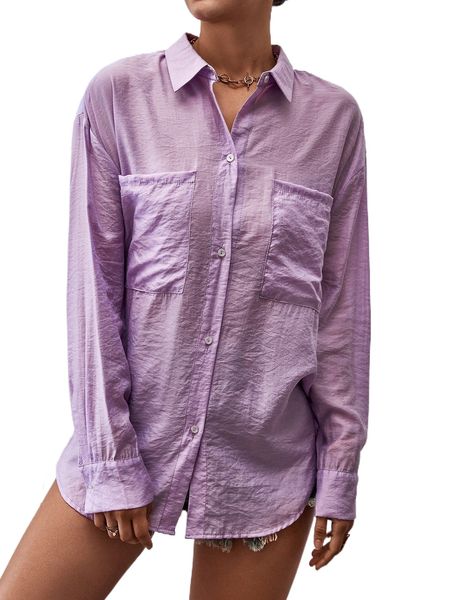 

drop shoulder pocket patched blouse r1u3#, White