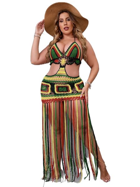 

plus tassel trim tie backless cover up dress without panty 48fo#, Black