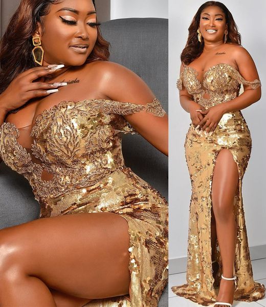

2022 plus size arabic aso ebi gold mermaid sparkly prom dresses lace beaded evening formal party second reception birthday engagement brides, Black
