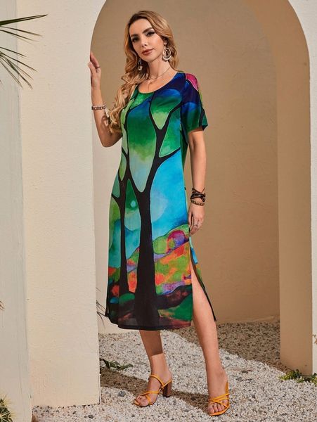 

emery rose tree print split thigh tunic dress v8ne#, Black;gray