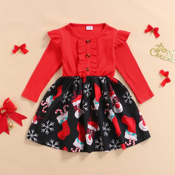 

baby girls dress for newborn christmas clothes toddler kid cartoon printed patchwork long sleeve tutu outfit, Red;yellow