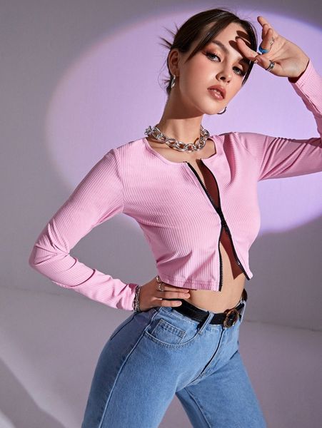 

zipper front rib-knit crop tee c43r#, White