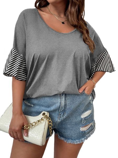 

plus striped print drop shoulder tee a1k0#, Black