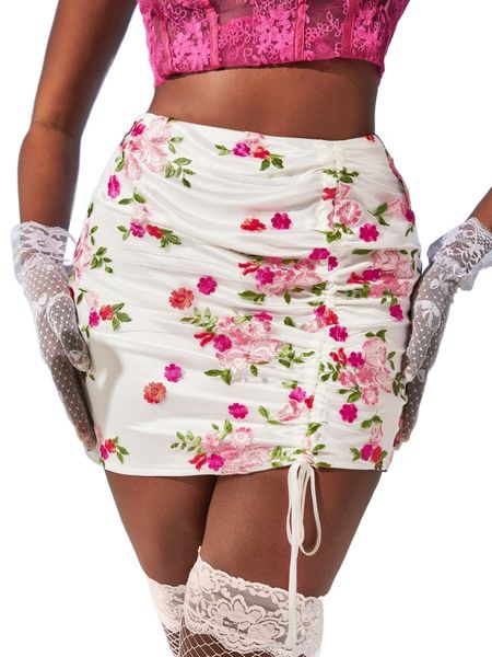 

floral embroidery drawstring front mesh bodycon skirt i6ya#, Black