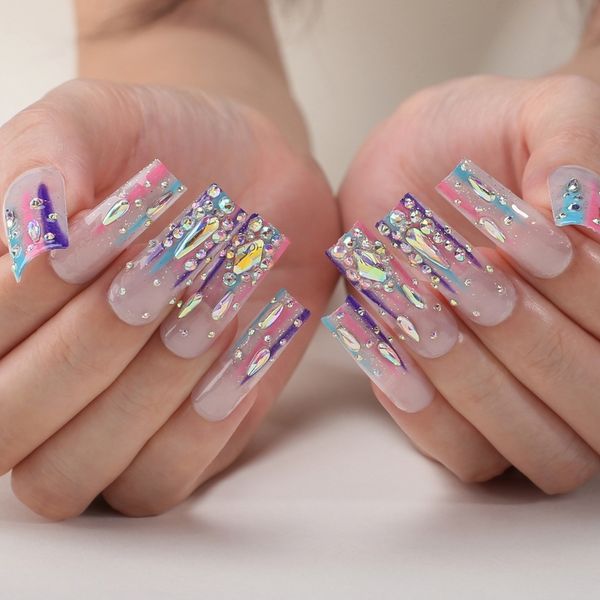 

luxurious diamond acrylic nails handmade clear rainbow nails salon rectangle glitter fake nails press on nail custom 220725, Red;gold