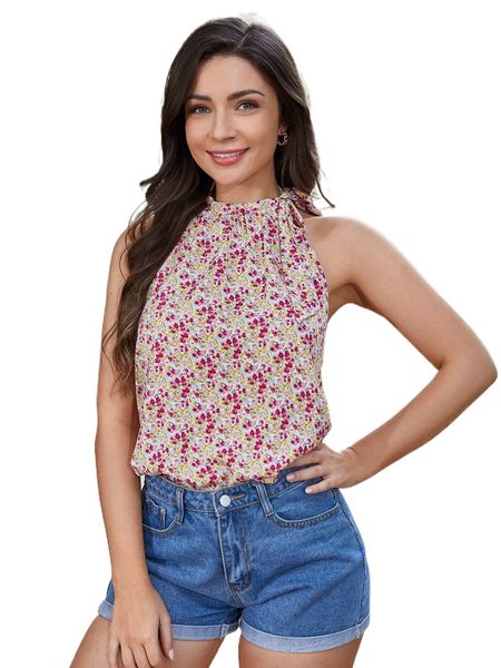 

ditsy floral print tie backless halter i66k#, White