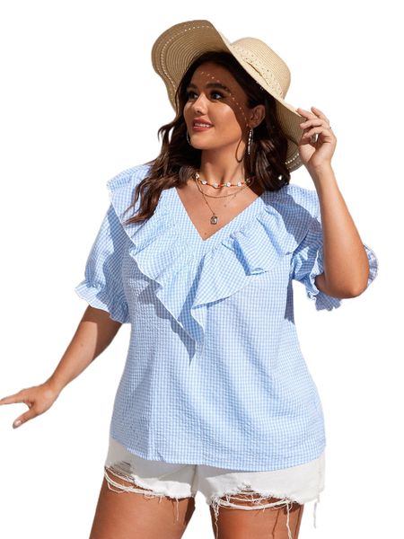

plus gingham ruffle trim flounce sleeve blouse v24y#, Black