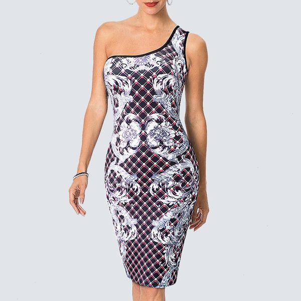 

women elegant one shoulder floral dresses print summer retro asymmetrical neck bodycon pencil dress 1h925, Black;gray