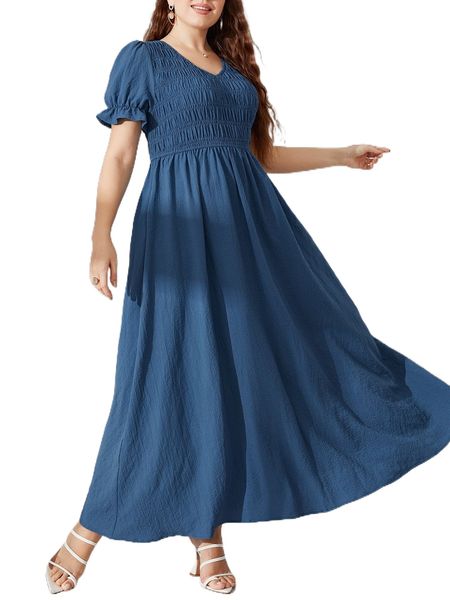 

plus shirred puff sleeve a-line dress p613#, Black