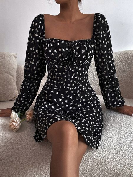 

ditsy floral square neck tie front a-line dress 173z#, Black;gray