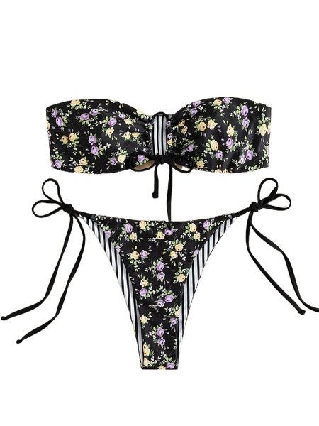 

floral drawstring bandeau bikini swimsuit e89s#, White;black