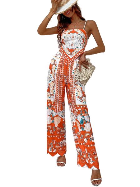 

floral print tie backless cami & pants o1tj#, White