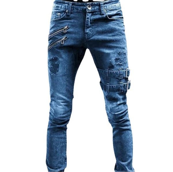 

men's jeans men slim fit double belt ripped fashion vintage hip hop denim pants skinny casual street style trousersmen's, Blue