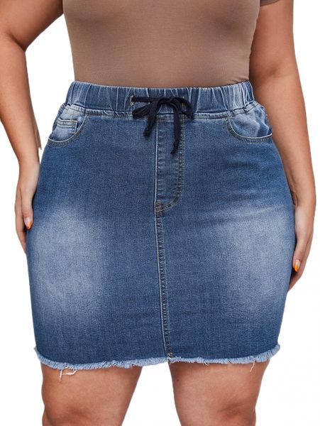 

plus drawstring waist raw cut bodycon denim skirt d9xe#, Black