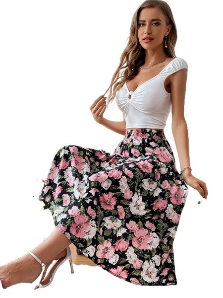 

high waist floral print skirt x0nd#, Black
