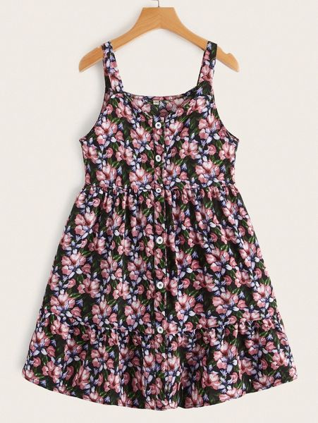 

allover floral print button front ruffle hem smock dress l9c9#, Black;gray