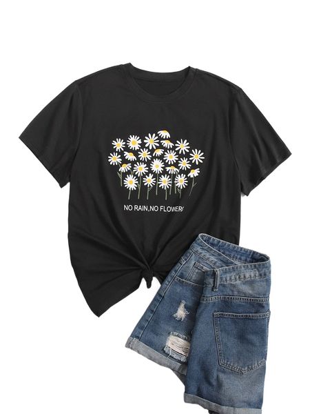 

plus floral & slogan graphic t-shirt 72rf#, Black