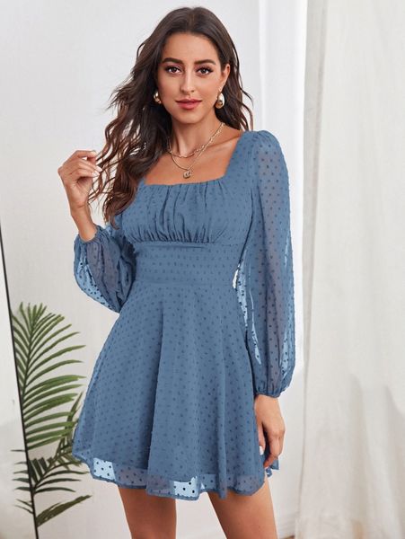 

ruched bust lantern sleeve swiss dot chiffon dress 85hq#, Black;gray