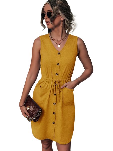 

fake buttons drawstring waist patched pocket dress 85tl#, Black;gray