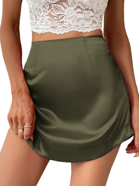 

high waist solid satin skirt n6m4#, Black