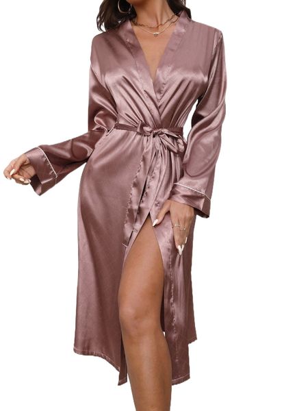 

contrast piping belted satin robe 166r#, Black;red
