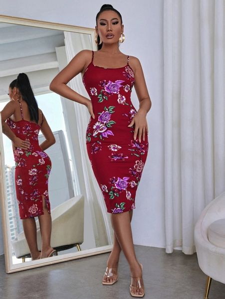 

floral print split hem bodycon cami dress u2ir#, Black;gray