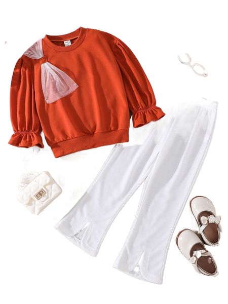 

toddler girls flounce sleeve bow front pullover & pants m9x8#, Black;white