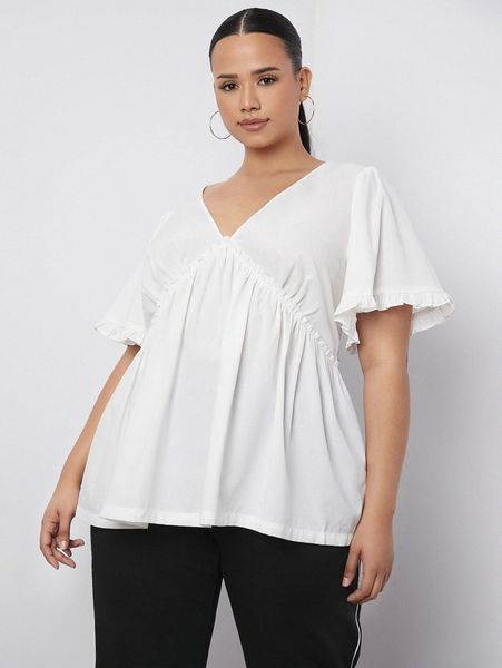 

plus frill trim butterfly sleeve blouse k3yk#, Black